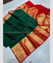 Forest Fall Green and Red color Banarasi sarees with plain with golden zari weaving beautiful contrast border design -BANS0007488