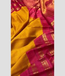 Yellow and Neon Pink color gadwal pattu handloom saree with all over woven tiny jari and reasham checks with temple kothakoma kuthu interlock woven border design -GDWP0001599