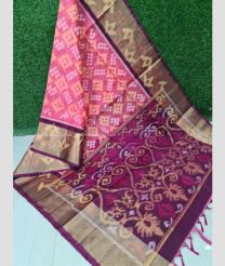 Peach and Maroon color pochampally Ikkat cotton handloom saree with all over pochampally design saree -PIKT0000099