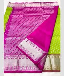 Parrot Green and Pink color venkatagiri pattu handloom saree with all over buties design -VAGP0000716