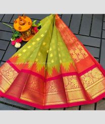Mehendi Green and Orange color Chenderi silk handloom saree with all over buties with temple kuppadam border design -CNDP0016098