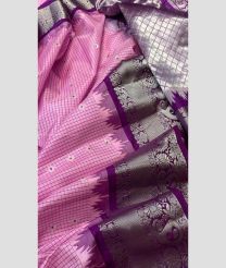 Purple and Chocolate color gadwal pattu handloom saree with all over checks and buties with kanchi kuthu and temple kothakoma borders design -GDWP0001637