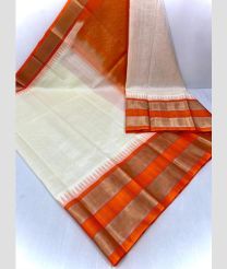 White and Orange color kuppadam pattu handloom saree with plain with temple and silver and gold kaddi border design -KUPP0096644