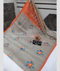 Lite Grey and Orange color linen sarees with all over thread work buties design -LINS0002986