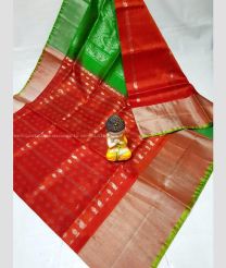 Orange and Green color uppada pattu handloom saree with all over buties and checks with kaddi border design -UPDP0021181