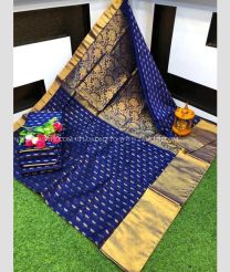 Navy Blue and Golden color Chenderi silk handloom saree with all over buties with kaddi border design -CNDP0016257