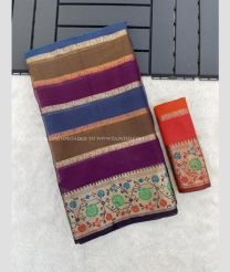 Purple and Lite Orange color Kora handloom saree with all over lines design -KORS0000139