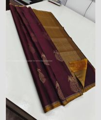 Scarlet and Golden Brown color kanchi pattu handloom saree with all over buties with unique border design -KANP0013688