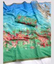 Blue and Green color linen sarees with all over floral printed design -LINS0003530