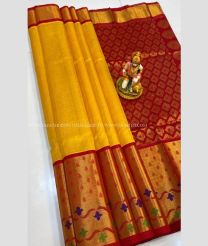 Mango Yellow and Red color kuppadam pattu handloom saree with kanchi border design -KUPP0097122