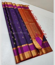 Plum Purple and Orange color soft silk kanchipuram sarees with all over buties and checks with double warp border design -KASS0000984