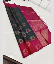Dark Grey and Pink color kanchi pattu handloom saree with all over buties with unique border design -KANP0013700