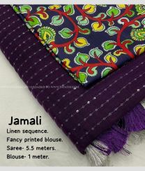 Plum Purple and Navy Blue color linen sarees with all over self woven checks and golden pattu border design -LINS0003672