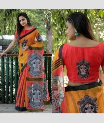 Mango Yellow and Red color linen sarees with digital printed design -LINS0003193