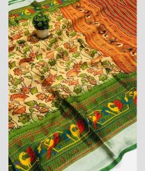 Lemon Yellow and Green color Organza sarees with all over kalamkari printed with jari border design -ORGS0003135