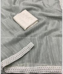 Lite Grey and White color Organza sarees with all over fur woven saree with with cotton patched lace design -ORGS0003288
