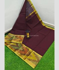 Dark Maroon and Acid Green color Uppada Cotton handloom saree with plain with pochampalli border saree design -UPAT0003146