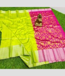 Emerald Green and Pink color Uppada Soft Silk handloom saree with all over hand buties design -UPSF0003606