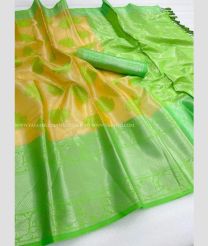 Cream and Parrot Green color Banarasi sarees with full body woven embossed design -BANS0002231