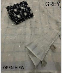 grey color linen sarees with allover checks saree design -LINS0002063