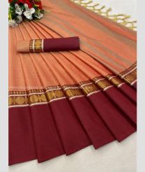 Peach and Maroon color silk sarees with all over plain with contrast border design -SILK0013568