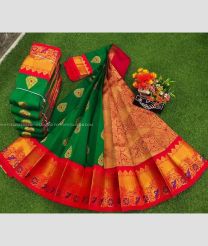Green and Red color Chenderi silk handloom saree with all over meena buties with kanchi border design -CNDP0016223