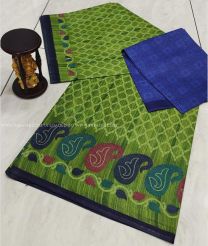 Green and Navy Blue color Uppada Cotton handloom saree with all over printed design -UPAT0004705