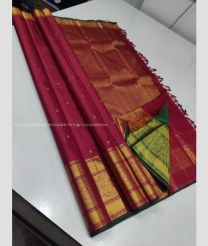 Crimson and Green color kanchi pattu handloom saree with all over buties with 2g pure jari vaira oosi border design -KANP0013344