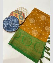Golden Brown and Green color Banarasi sarees with pure gold kasab jari yarn with zari woven border design -BANS0011524