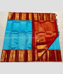Sky Blue and Red color kanchi pattu handloom saree with all over small buties design -KANP0001267