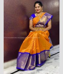 Orange and Royal Blue color Chenderi silk handloom saree with all over buttas design -CNDP0016276