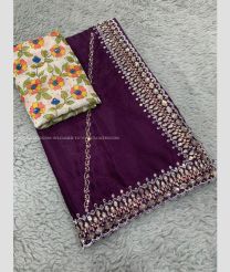 Plum Velvet and Cream color Chiffon sarees with all over leheriya work with cut work sequence border design -CHIF0001841