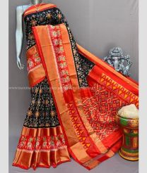 Black and Orange color pochampally ikkat pure silk handloom saree with pochampally ikkat design -PIKP0036725