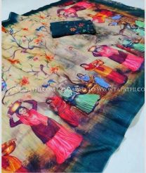 Cream and Pink color linen sarees with all over digital printed design -LINS0003695