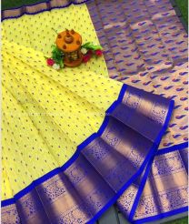 Lemon Yellow and Royal Blue color Chenderi silk handloom saree with all over muni buties with kuppadam kanchi border design -CNDP0016134