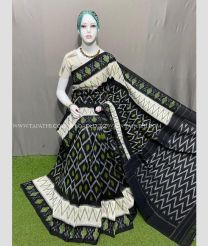 Black and Half White color pochampally Ikkat cotton handloom saree with all over pochampally ikkat design -PIKT0000522