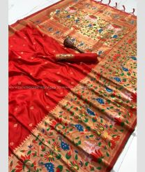 Red and Aqua Blue color paithani pure silk handloom saree with zari border saree design -PTNP0000088