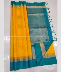Mango Yellow and Aqua Blue color kanchi pattu handloom saree with big border saree design -KANP0005831