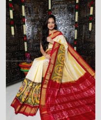 Cream and Red color pochampally ikkat pure silk handloom saree with all over pochampally ikkat design -PIKP0021999