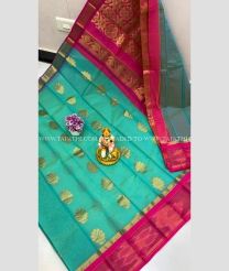 Turquoise and Deep Pink color Chenderi silk handloom saree with all over kuppadam buties design -CNDP0015119