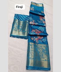 Blue Ivy color silk sarees with all over leriya flowers digital printed with jacquard border design -SILK0017434