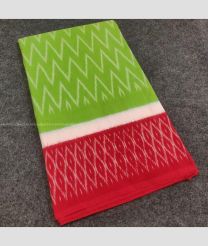 Parrot Green and Red color pochampally Ikkat cotton handloom saree with pochampalli design -PIKT0000471