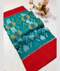 Red and Teal color pochampally Ikkat cotton handloom saree with special marthas pattern saree design -PIKT0000306