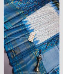White and Blue Ivy color pochampally ikkat pure silk handloom saree with all over hand made designer bone checks with hand made jacquard border -PIKP0021620