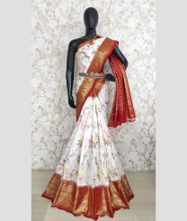 White and Red color pochampally ikkat pure silk sarees with kanchi border design -PIKP0037944