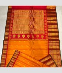 Orange and Red color gadwal pattu handloom saree with all over woven checks and buties including meenakari with kanchi kuthu temple kothakoma border design -GDWP0001712