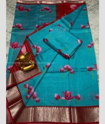 Blue Jay and Red color mangalagiri pattu handloom saree with all over digital printed with 150 by 50 jari border design -MAGP0026239