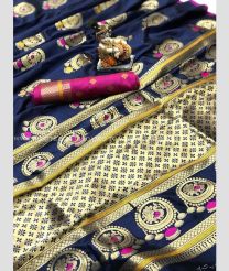 Navy Blue and Golden color Lichi sarees with all over big buties design -LICH0000447