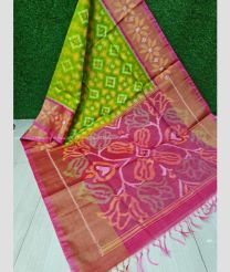 Parrot Green and Pink color Ikkat sico handloom saree with ikkat design -IKSS0000385