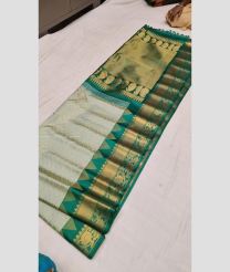 Cream and Medium Teal color gadwal pattu handloom saree with temple and kuthu border design -GDWP0001748